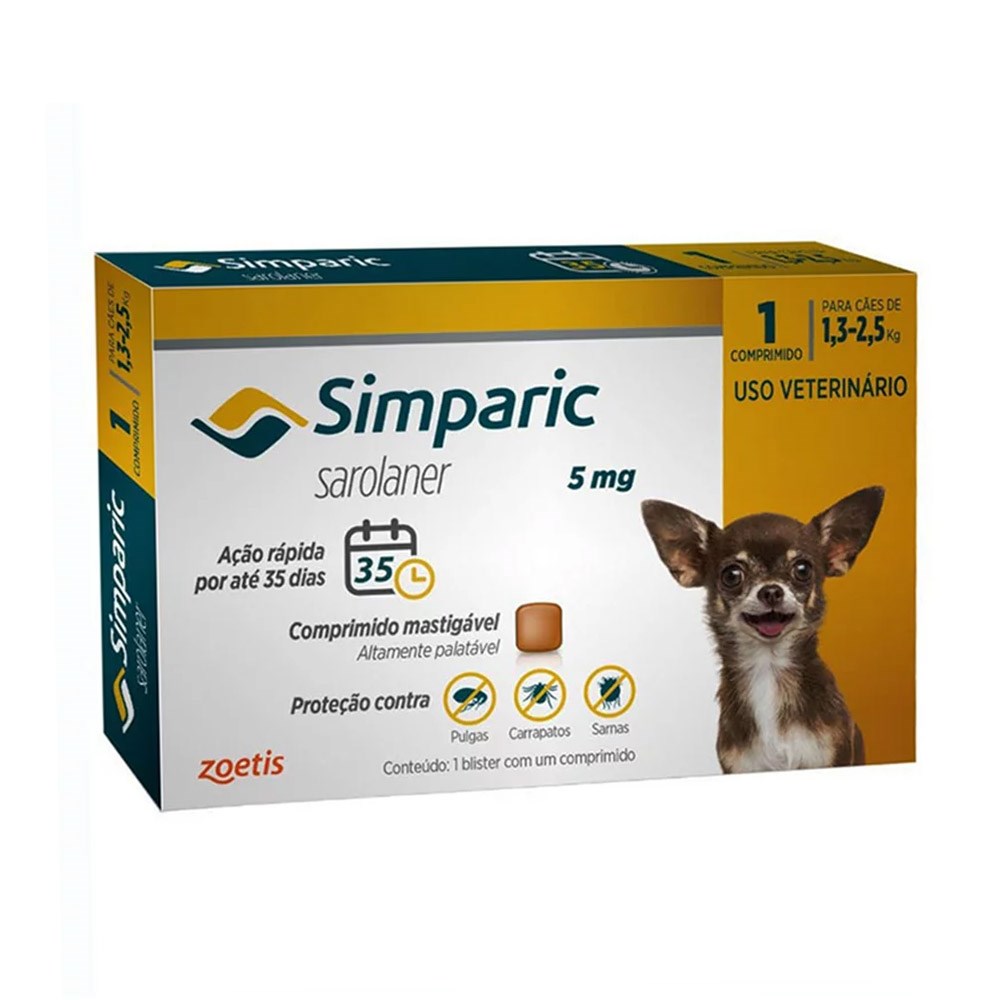 Antipulgas e Carrapatos para Cachorro 1,3 a 2,5 kg Simparic: 5mg