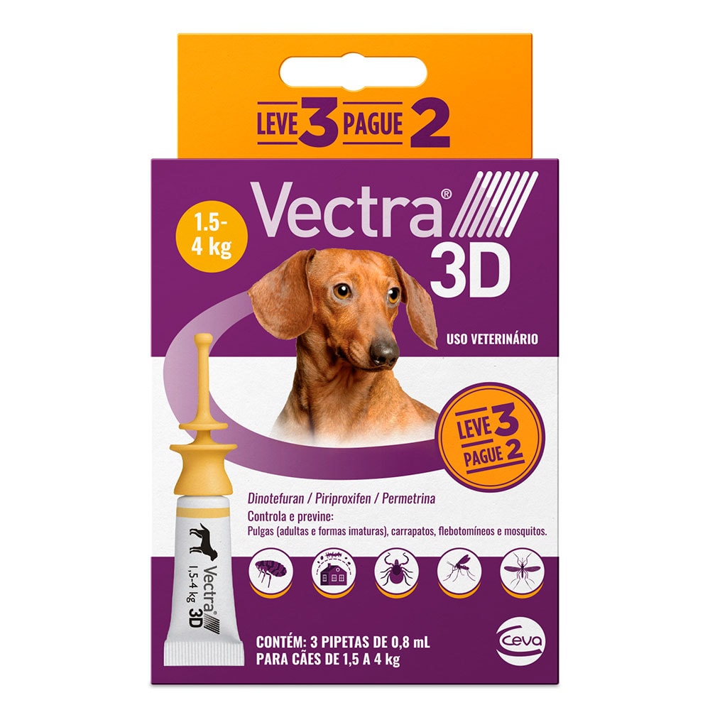 Combo Antipulgas e Carrapatos Vectra 3D Caes 1,5Kg a 4Kg
