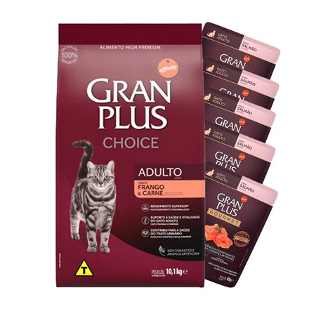 Ração Gran Plus Gatos Choice Frango E Carne 10,1Kg + 5 Rações Úmidas Gran Plus Sachê Carne - 85g