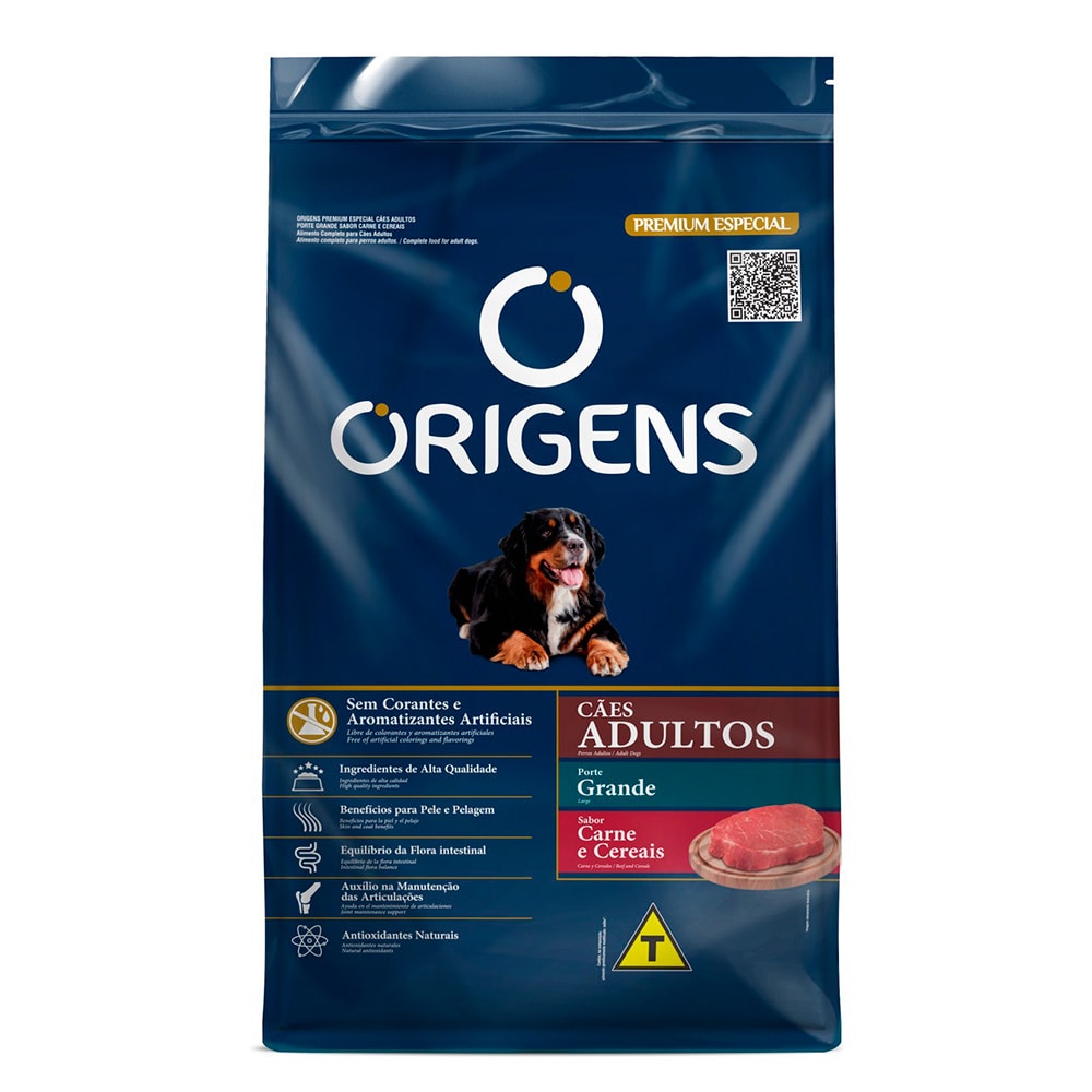 Ração Origens Cães Adultos Raças Grandes Carne e Cereais - 15Kg