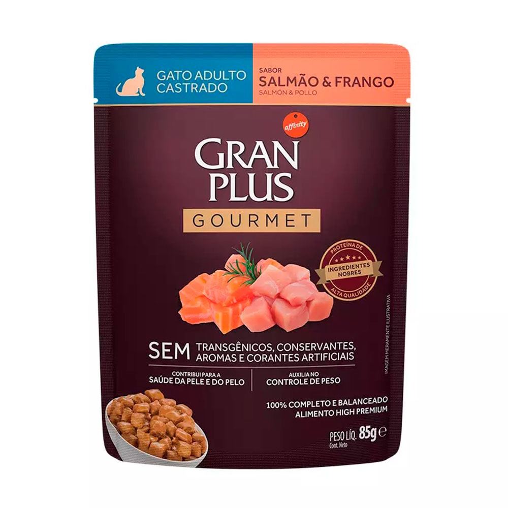 Ração Úmida Gran Plus Sachê Gatos Gourmet Castrados Salmão e Frango -