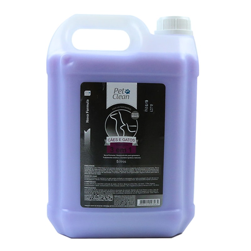 Shampoo 3 em 1 Cães e Gatos Pet Clean 5 Litros Tudo de Bicho Pet Shop
